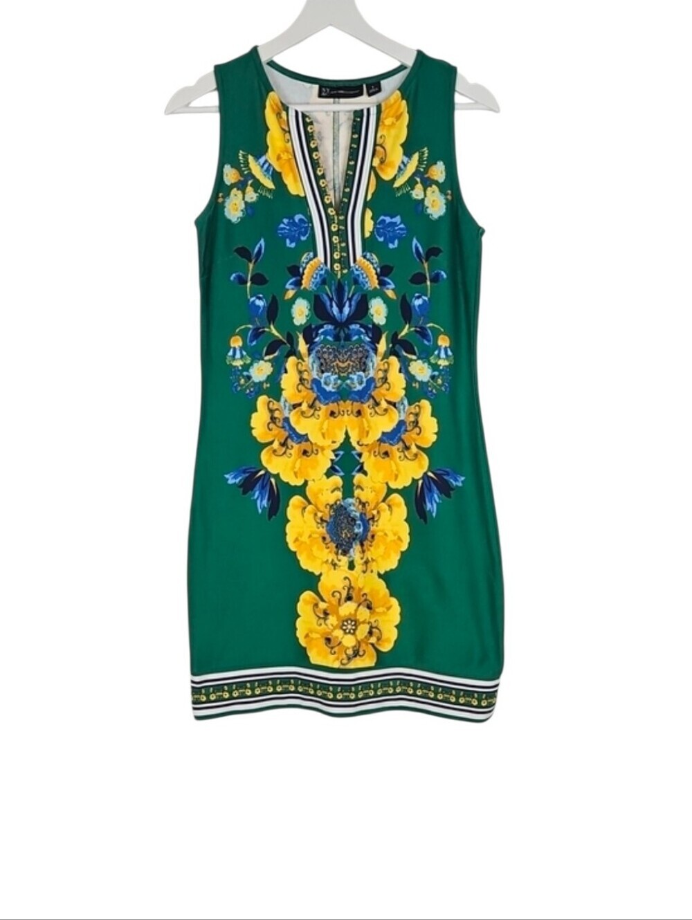Fitted Sheath Bold Floral Boho Dress Emerald Green and Marigold Yellow Print S